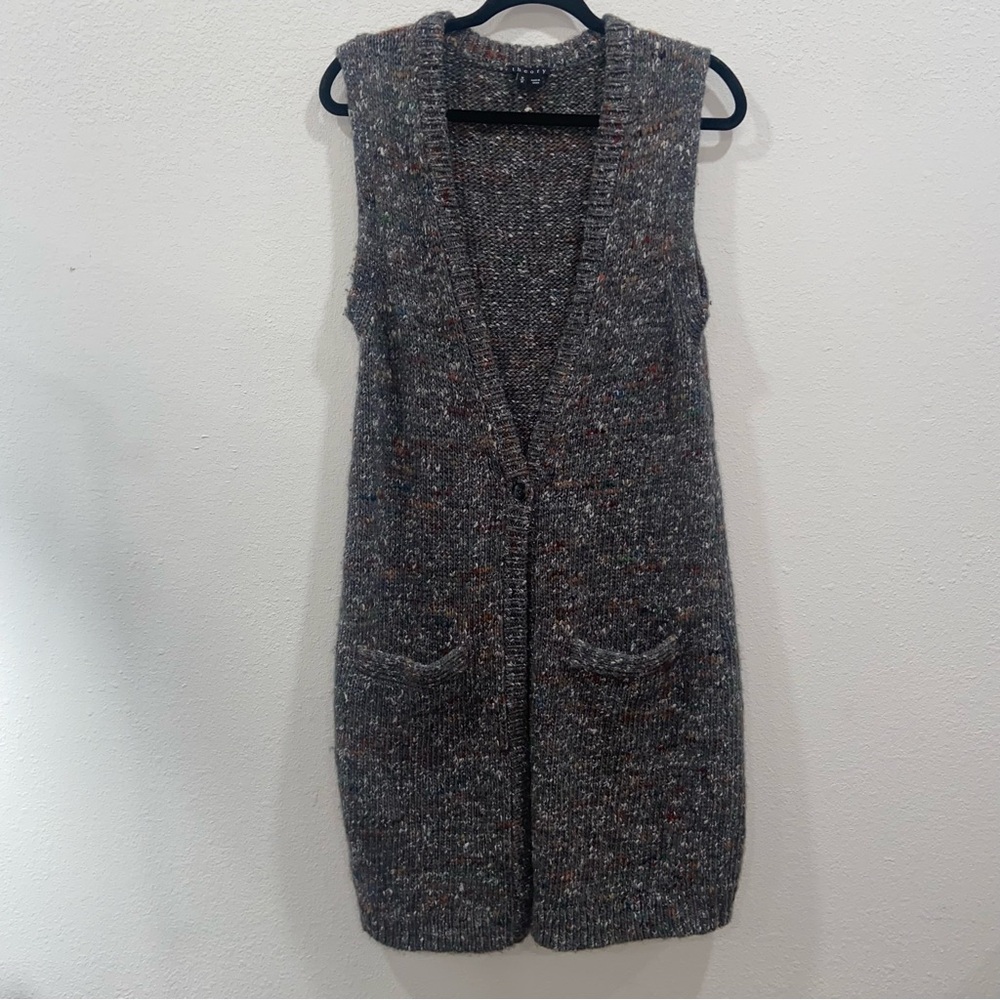 Theory "Minareeya" Gray‎ Wool Speckled Knit Long Sweater Vest Size M Wool Blend
